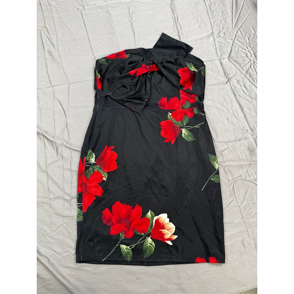 TRAC Womens Black Red Floral One Shoulder Bow Bodycon Dress Size Large